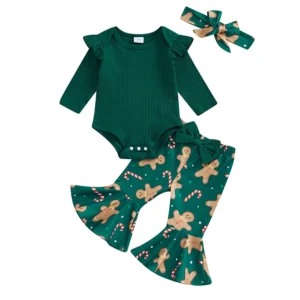 Baby Girl Christmas Outfits Gingerbread Man Print (Green)